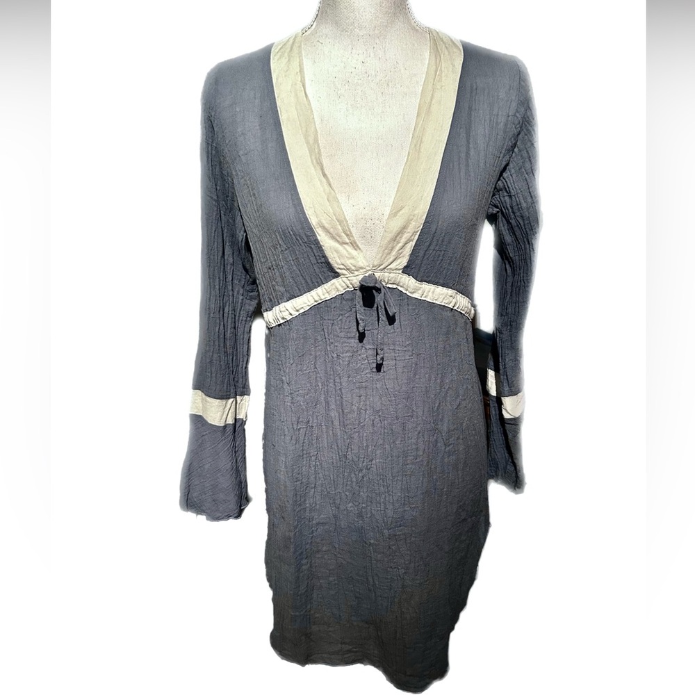 Debbie Katz South Beach Swim Cover Up Blue Grey with Ivory Trim Medium Cotton